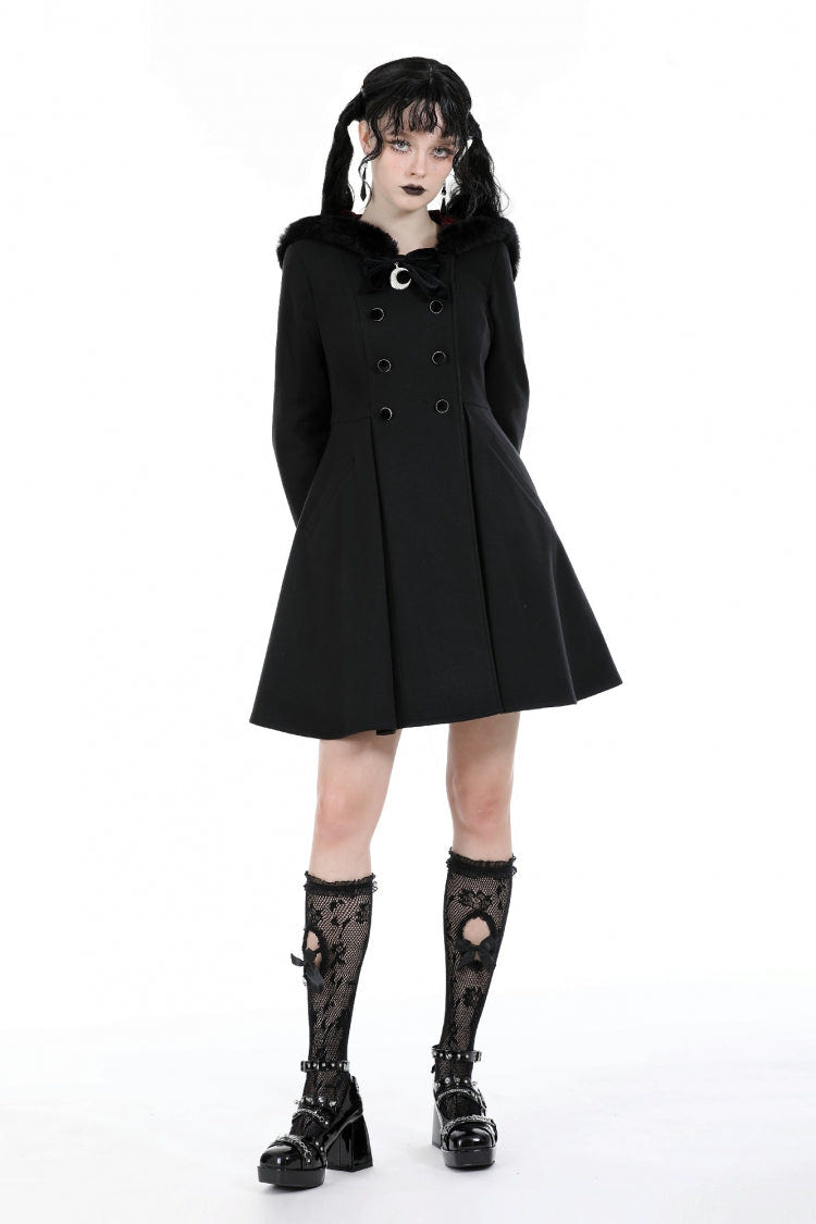 Black Long Sleeves Crescent Moon Bow Spliced Double-breasted Women's Gothic Coat with Cat Ear Hood - Product - 5