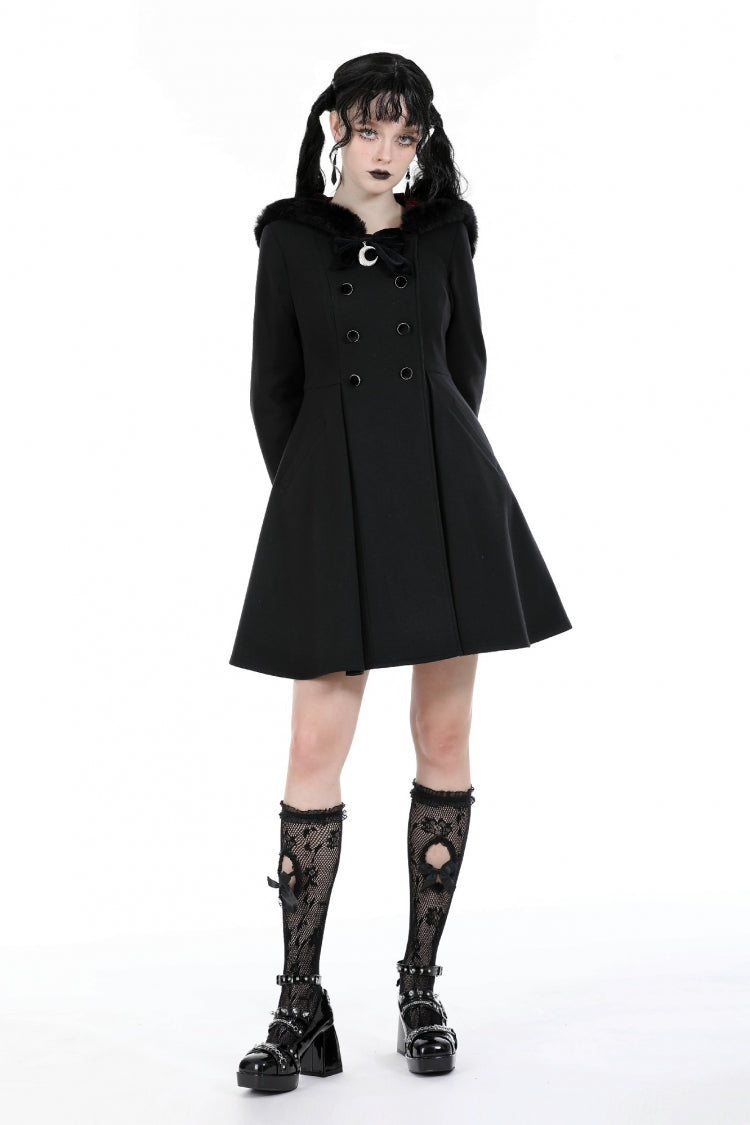 Black Long Sleeves Crescent Moon Bow Spliced Double-breasted Women's Gothic Coat with Cat Ear Hood - Product - 5