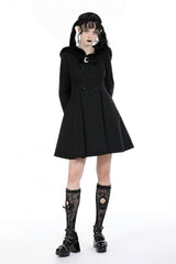 Black Long Sleeves Crescent Moon Bow Spliced Double-breasted Women's Gothic Coat with Cat Ear Hood - Product - 5
