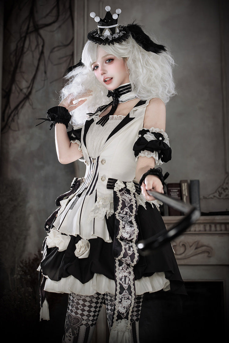 Black/White [Candy Cane] Sleeveless Printed Ruffled Bow Gothic Lolita Skirt Full Set - Product - 11