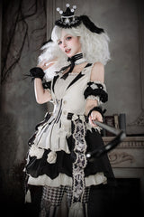Black/White [Candy Cane] Sleeveless Printed Ruffled Bow Gothic Lolita Skirt Full Set - Product - 11