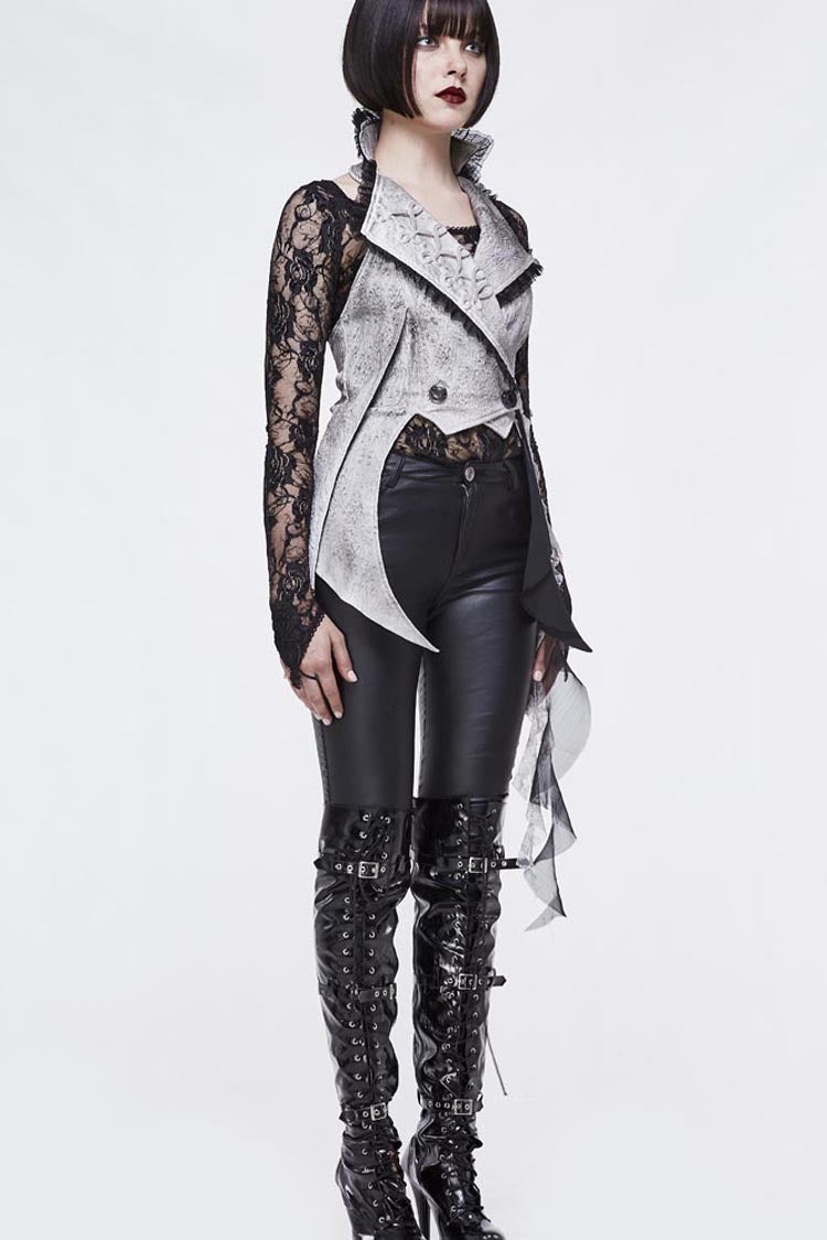 White Painted Back Lace Up Lace Hem Asymmetrical Women's Gothic Waistcoat - Product - 4