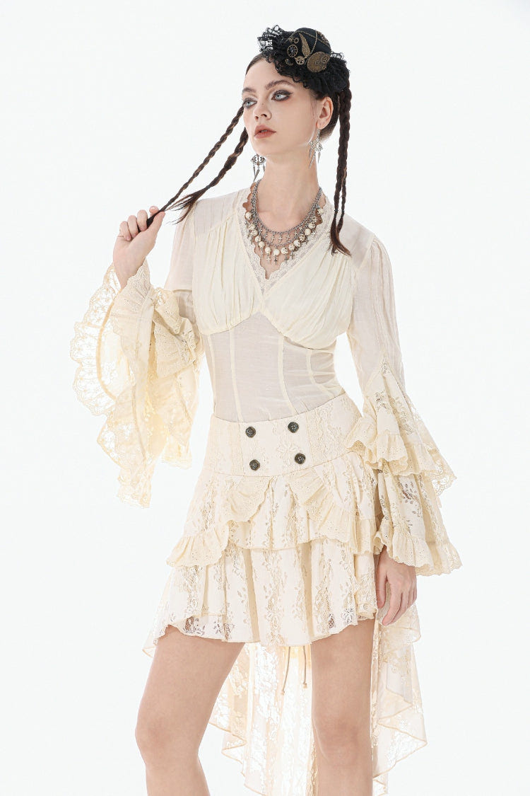 Beige V Collar Long Trumpet Sleeves Multi-Layered Lace-Up Women's Stempunk Blouse - Product - 5
