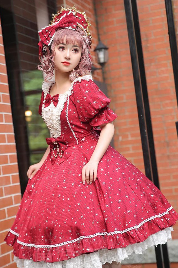Midsummer Galaxy Shiny Star Print Short Sleeves Ruffle Bowknot Sweet Lolita OP Dress - Product - 3