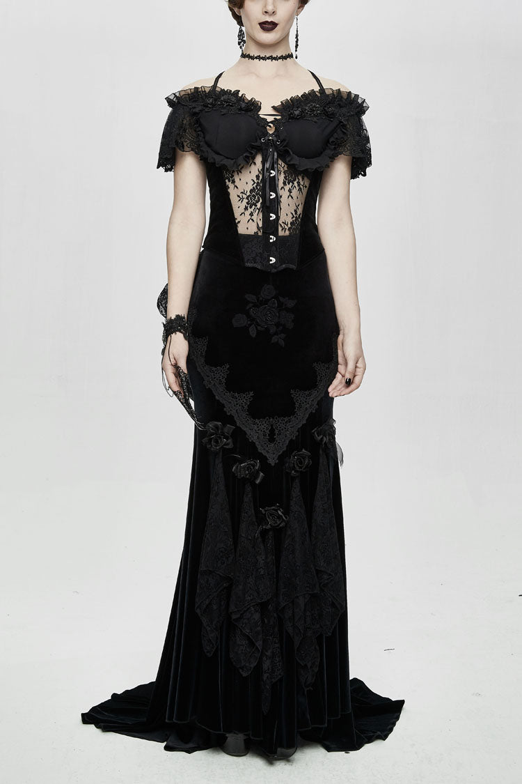 Black Gorgeous Sheer Floral Lace Ruffled Fitted Women's Gothic Corsets With Detachable Hem - Product - 1