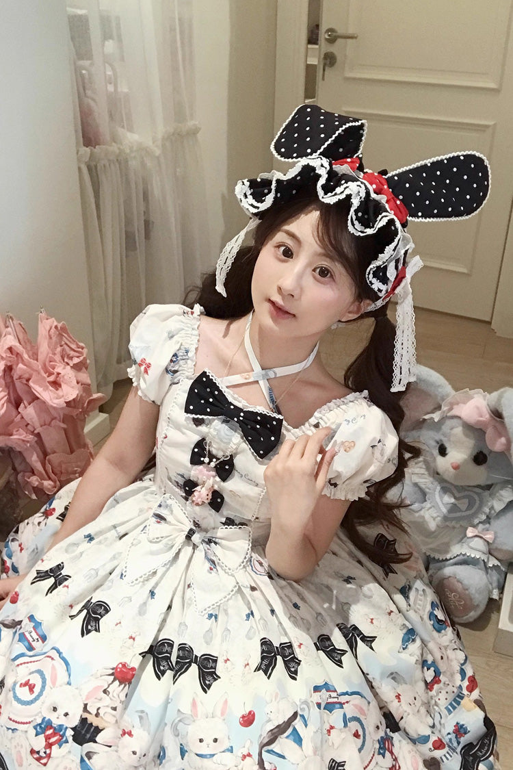 Beige Mystery Rabbit Tea Party Square Collar Short Sleeves Print Ruffle Bowknot Lace Sweet (Dress Only) detail view 4