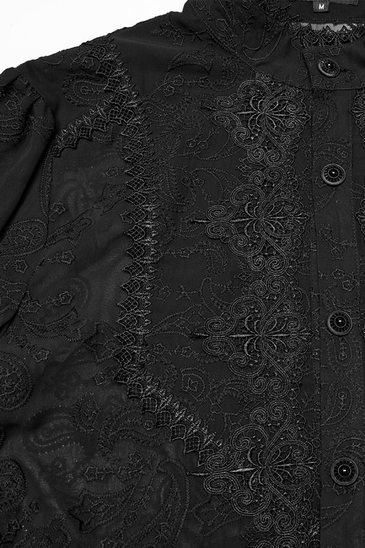 Black Stand Collar Chiffon Long Sleeves Hollow Embroidery Men's Gothic Blouse - Product - 6