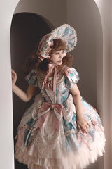 [Angel Heart Sky Oil Painting] Print Ruffle Cardigan Bowknot Sweet Princess Lolita Dress 3 Colors - Product - 21