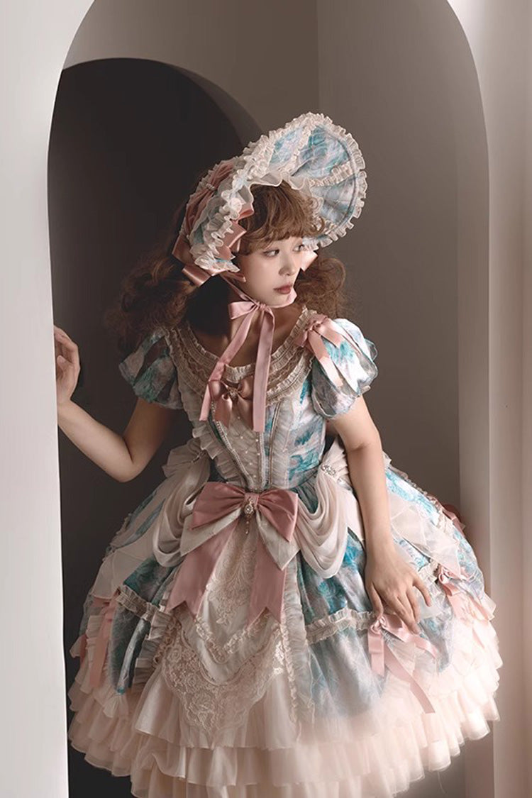 [Angel Heart Sky Oil Painting] Print Ruffle Cardigan Bowknot Sweet Princess Lolita Dress 3 Colors - Product - 21