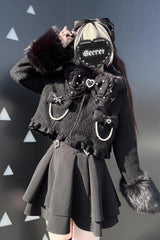 Black Long Sleeves Bow Sheep Wool Gothic Jirai Kei Japanese Short Coat - Product - 4