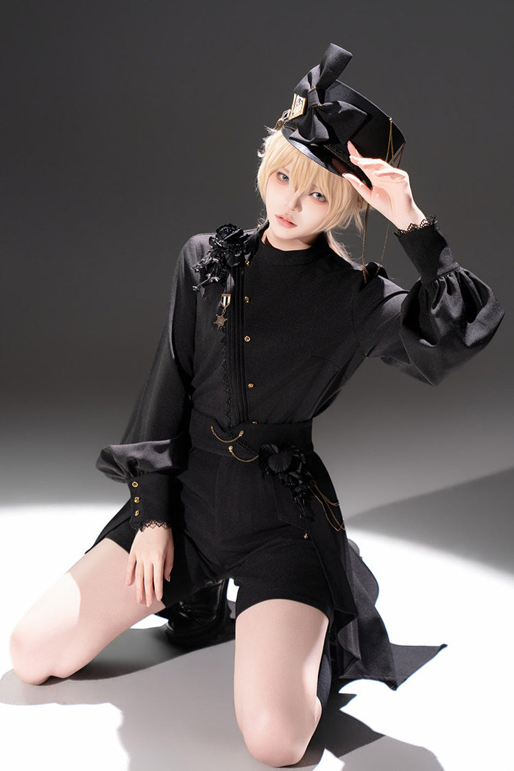 Black [Will of the Rose] Round Collar Long Sleeves Asymmetric Gothic Vintage Elegant Knight Prince Ouji Lolita Blouse Shorts Set - Product - 9
