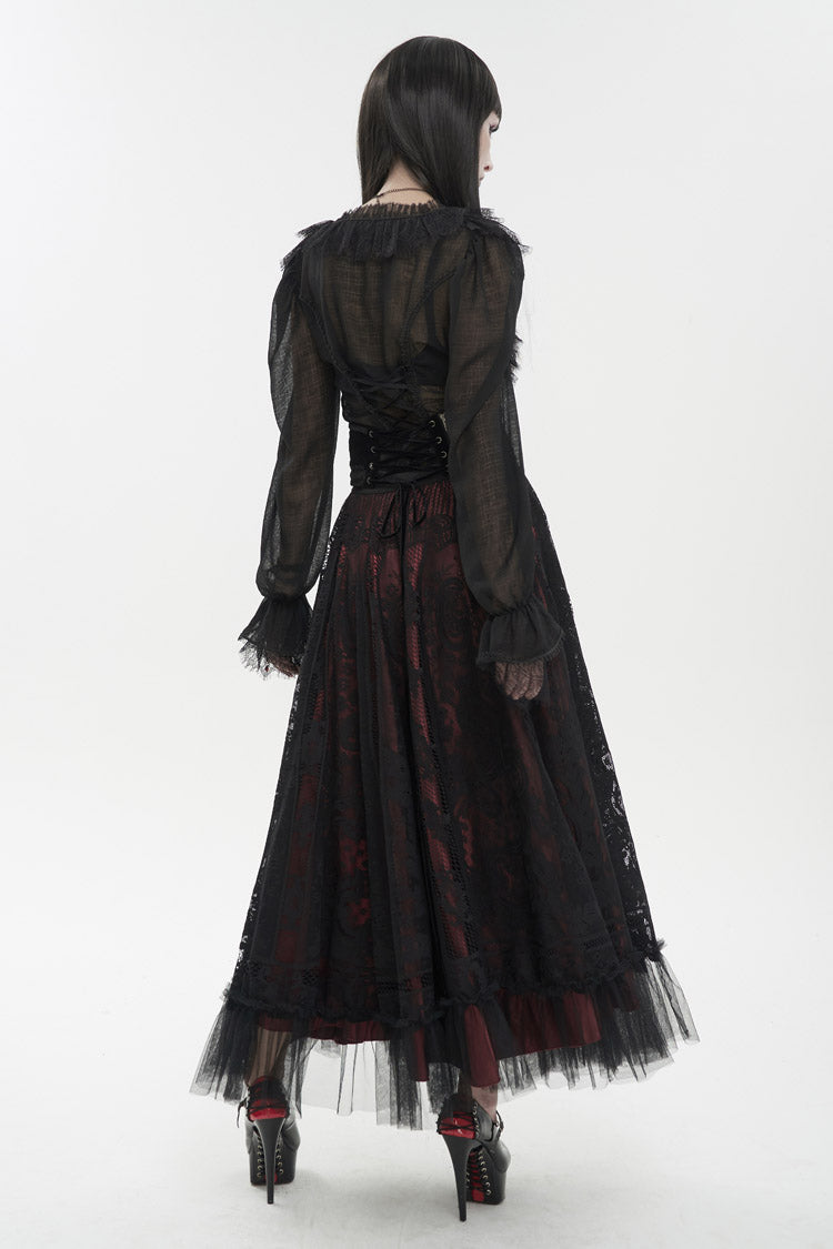 Black Thin Waist Plaid Stitching Layered Lace Long Sleeves Women's Gothic Shirt - Product - 4