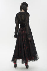 Black Thin Waist Plaid Stitching Layered Lace Long Sleeves Women's Gothic Shirt - Product - 4