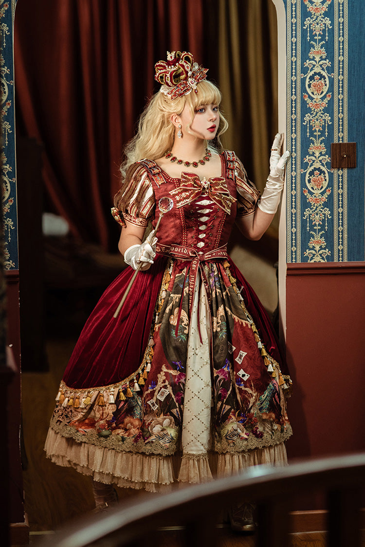 Red [Kaleidoscope of Dreams] Double-Layered Print Embroidery Bowknot Lace-Up Classic Vintage Gorgeous Lolita Dress - Product - 12