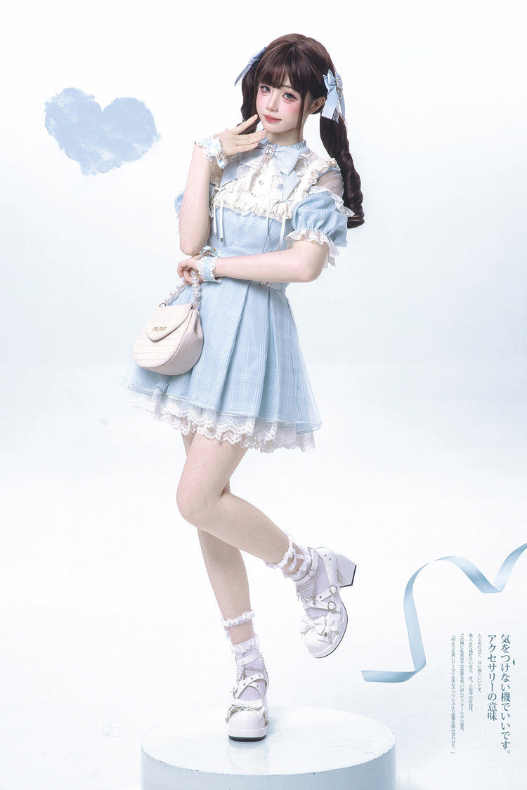Blue/Aqua Short Sleeves Plaid Printed Ruffled Lace Sweet Jirai Kei Japanese Lolita Dress - Product - 9