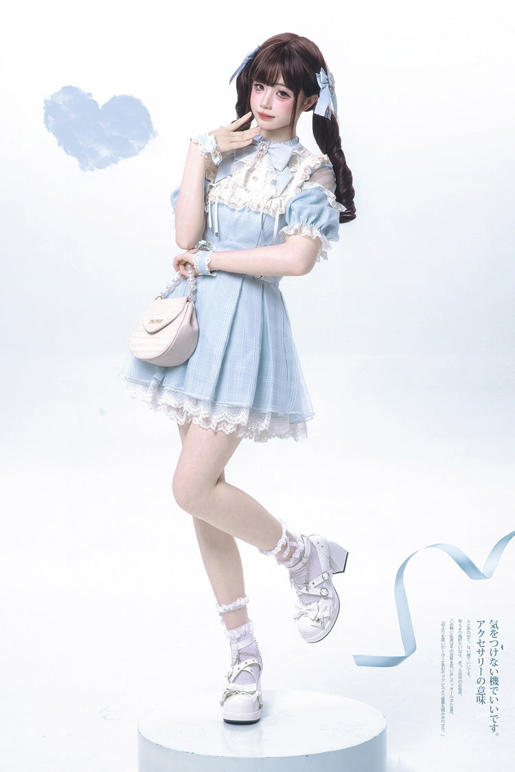 Blue/Aqua Short Sleeves Plaid Printed Ruffled Lace Sweet Jirai Kei Japanese Lolita Dress - Product - 9