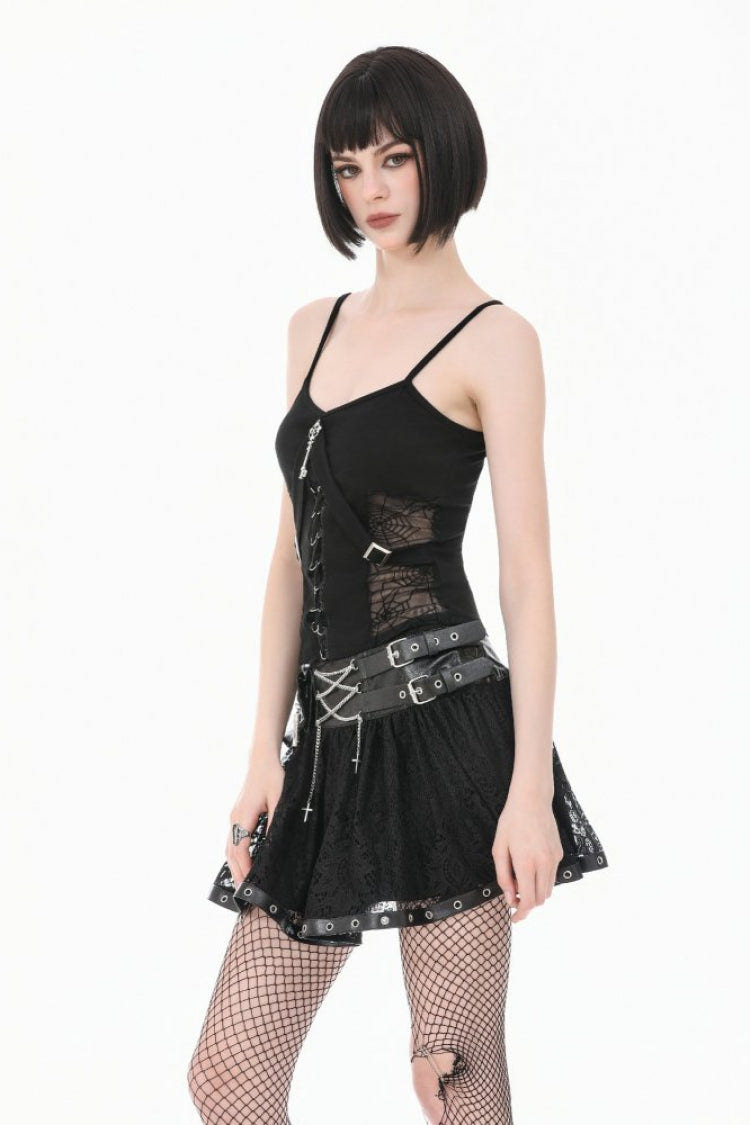 Black Chain-Decorated Eyelet Buckled Straps Lace Women's Gothic Mini Skirt - Product - 2