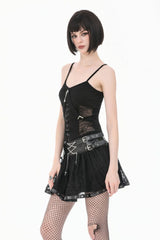 Black Chain-Decorated Eyelet Buckled Straps Lace Women's Gothic Mini Skirt - Product - 2
