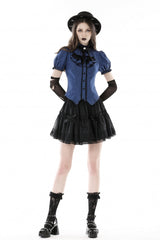 Blue/Black Striped Bow Ruffled Stand Collar Lace Jabot Short Puff Sleeves Front Button‑Up Women's Gothic Blouse - Blue/Black - 1