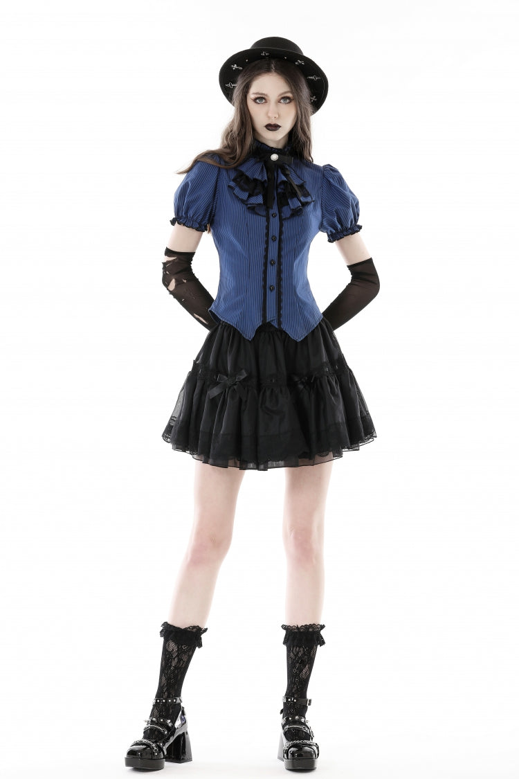 Blue/Black Striped Bow Ruffled Stand Collar Lace Jabot Short Puff Sleeves Front Button‑Up Women's Gothic Blouse - Blue/Black - 1