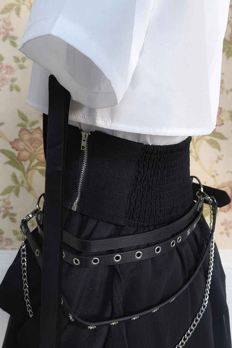 Black/White Short Sleeves Ruffle Asymmetric Gothic Jirai Kei Skirt Blouse Set - Product - 7