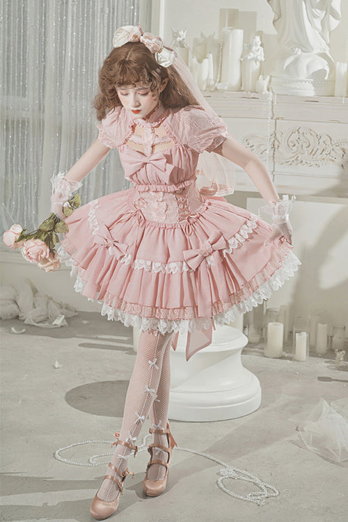 Pink Cross Round Collar Lace Short Sleeves Waist Ruffled Butterfly Sweet Lolita Dress - Product - 3