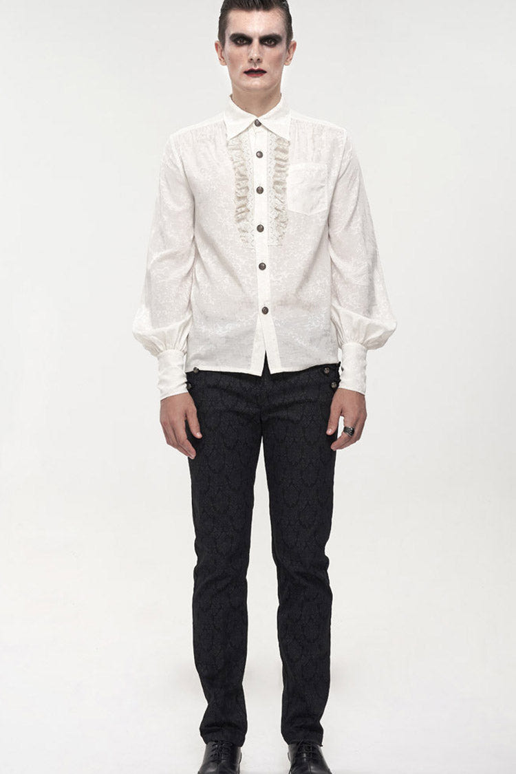 White Gothic Metal Pattern Buckle Long Sleeve Pleated Lace Lantern Shape Printing Pattern Men's Shirt - Product - 4