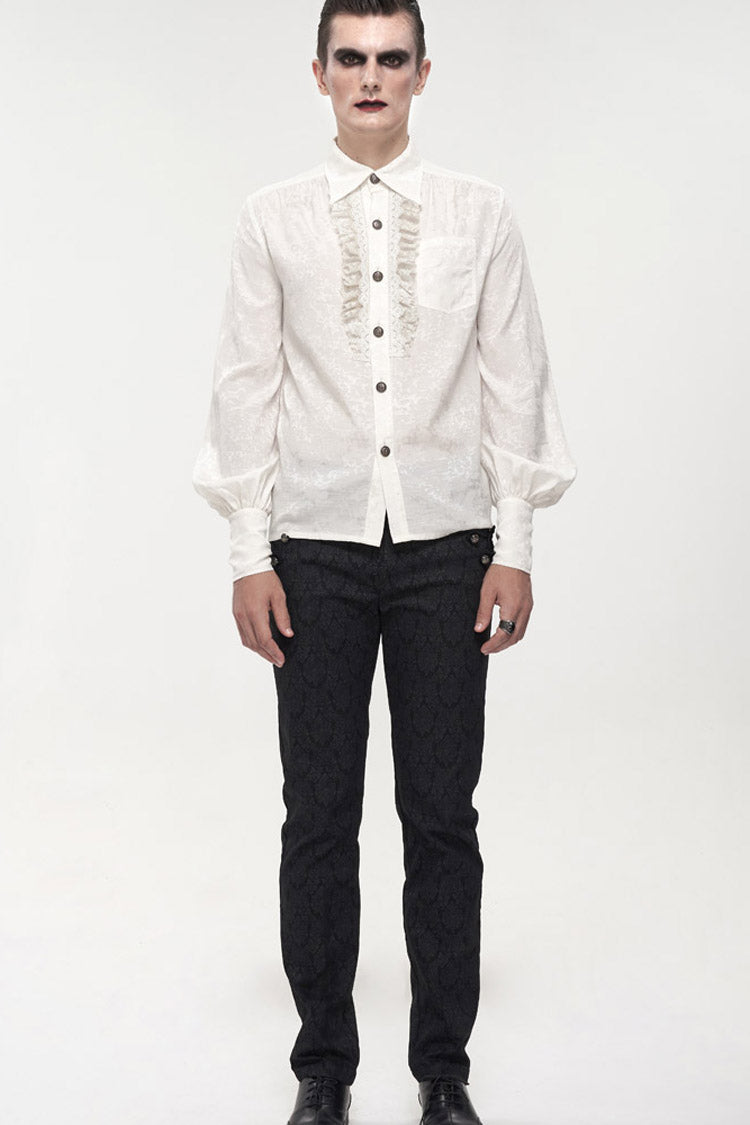 White Gothic Metal Pattern Buckle Long Sleeve Pleated Lace Lantern Shape Printing Pattern Men's Shirt - Product - 4