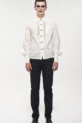 White Gothic Metal Pattern Buckle Long Sleeve Pleated Lace Lantern Shape Printing Pattern Men's Shirt - Product - 4