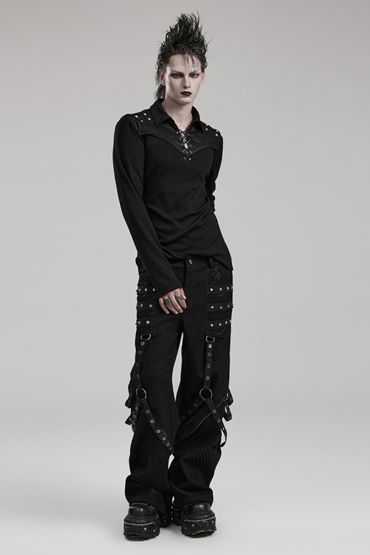 Cracked Leather Stitching Metal Rivet Decoration Mesh Men's Steampunk Pants 2 Colors - Product - 4