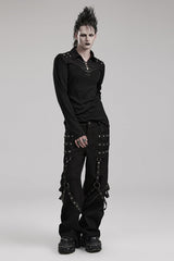 Cracked Leather Stitching Metal Rivet Decoration Mesh Men's Steampunk Pants 2 Colors - Product - 4