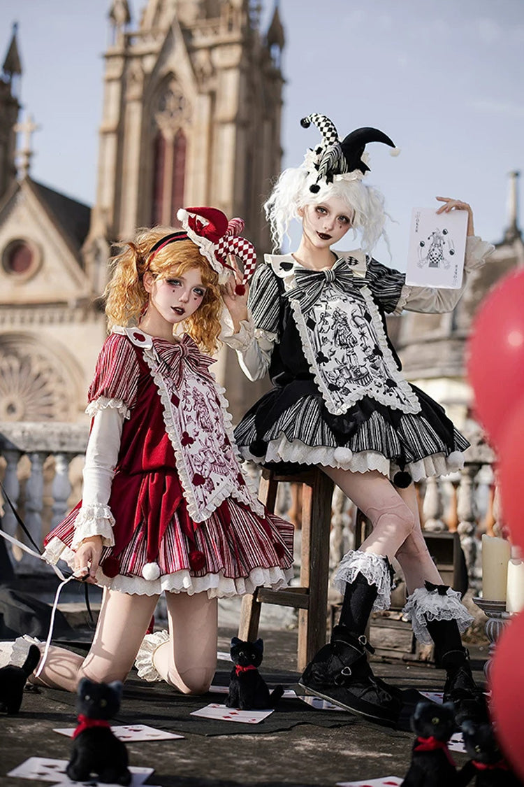 Red [Letters and Poems · Doll Mask] Poker Clown Long Sleeves Ruffled Bow Gothic Lolita Dress Set - Product - 5