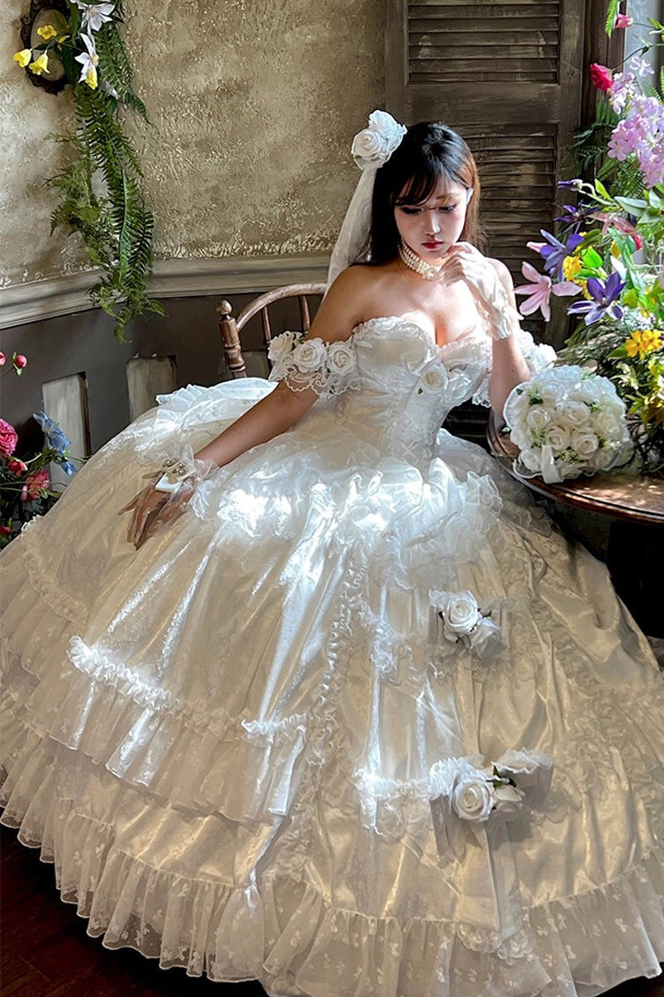 White [Love and Roses] Ruffle Hanayome Bowknot Lace Sweet Princess Lolita Jsk Dress - Product - 5