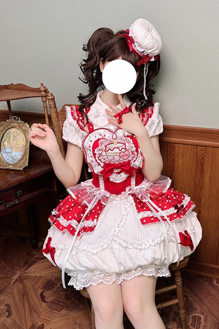 Red/White [Twin Bears] Birthday Cake Sleeveless Print Ruffle Bowknot Lace Sweet Lolita Big Flower Bud Dress - Product - 4