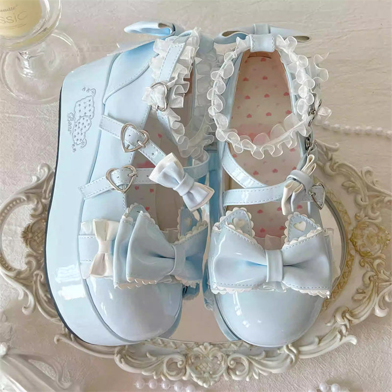 Confession Willingness Height Increasing Print Bowknot Lace Sweet Lolita Shoes 4 Colors - Blue - 7