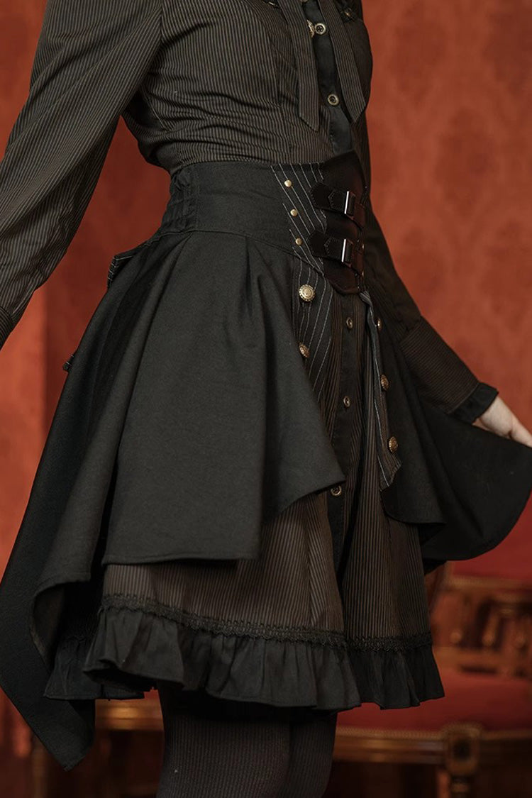 Black High Waisted Striped Print Button Leather Girdle Stitching Gothic Skirt - Product - 5