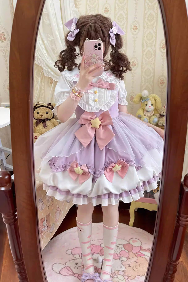Little Wishing Star Ruffle Bowknot Bud Sweet Lolita Jsk Dress 5 Colors - Purple - 4