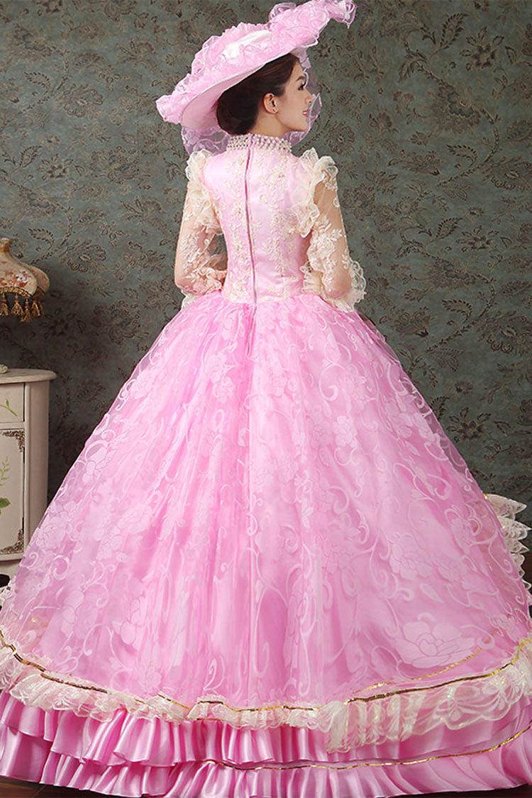 Pink Half Sleeves Lace Stitching High Waisted Hollow Embroidery Floral Print Ruffled Multi-Layer Victorian Lolita Prom Dress - Product - 2