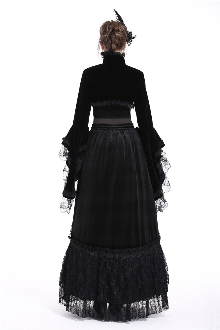 Black Lace Stand Collar Multi-Layered Long Trumpet Sleeves Rosette Velour Women's Gothic Bolero - Product - 4