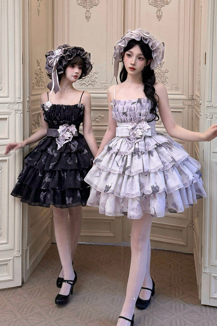 [Stained Glass Dream] Square Collar Sleeveless High Waisted Multi-Layered Printed Ruffled Bow Gothic Lolita Jsk Dress 2 Colors(Black/Purple, White/Purple) - Black/Purple - 1