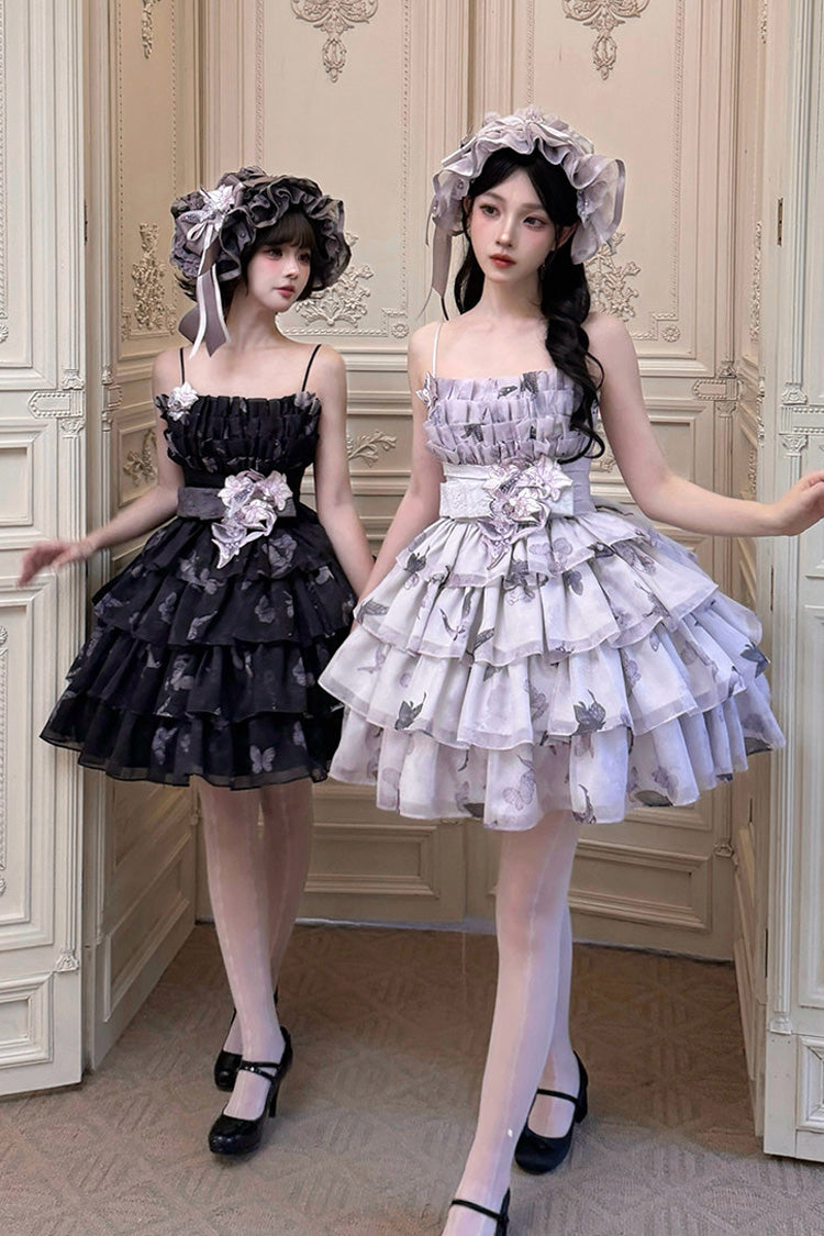 [Stained Glass Dream] Square Collar Sleeveless High Waisted Multi-Layered Printed Ruffled Bow Gothic Lolita Jsk Dress 2 Colors(Black/Purple, White/Purple) - Black/Purple - 1
