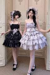 [Stained Glass Dream] Square Collar Sleeveless High Waisted Multi-Layered Printed Ruffled Bow Gothic Lolita Jsk Dress 2 Colors(Black/Purple, White/Purple) - Black/Purple - 1