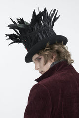 Black Embroidered Men's Gothic Palace Accessory Floral Feather Top Hat - Product - 4