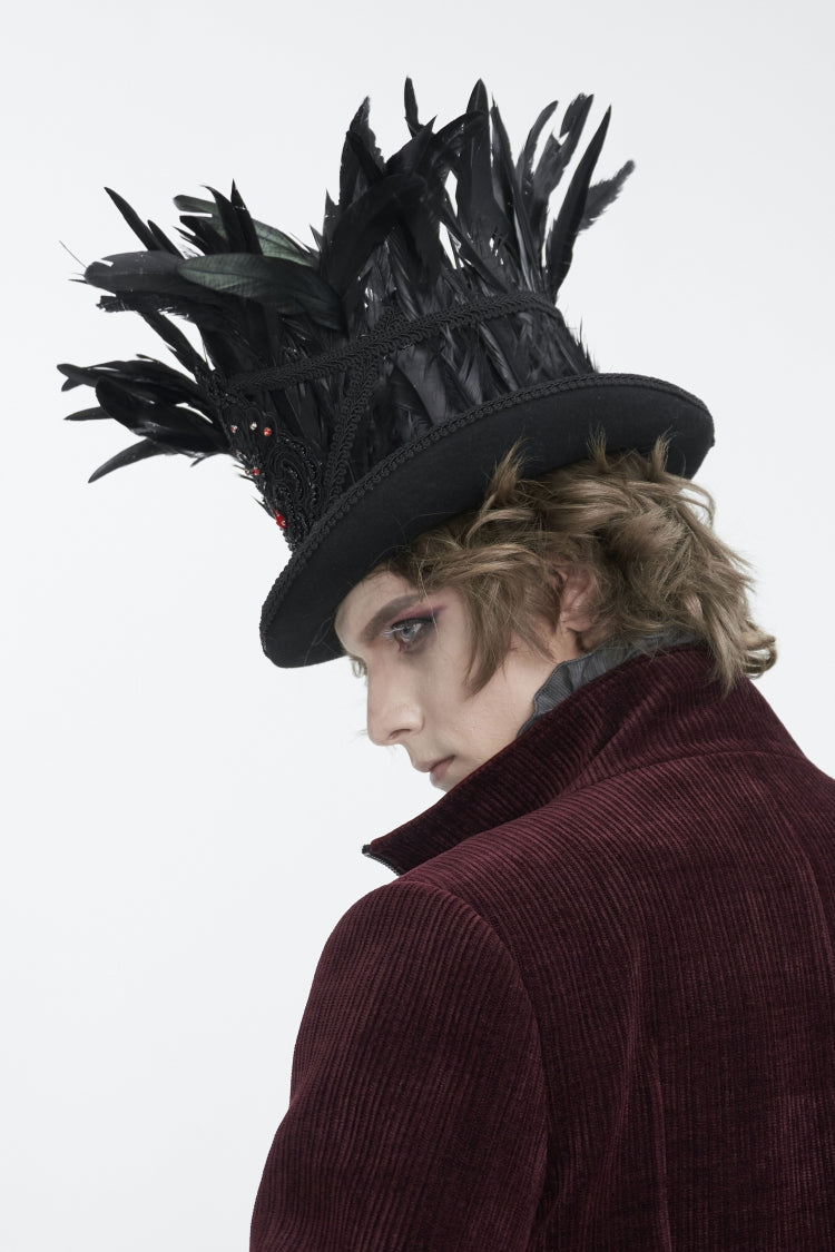 Black Embroidered Men's Gothic Palace Accessory Floral Feather Top Hat - Product - 4
