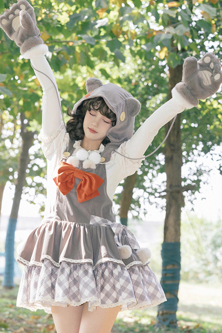 Grey Cute Grizzly Bear Plaid Print Bowknot Sweet Lolita Jsk Dress - Product - 6