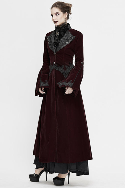 Red Lace Flared Sleeves Velvet Long Womens Gothic Coat - Product - 2