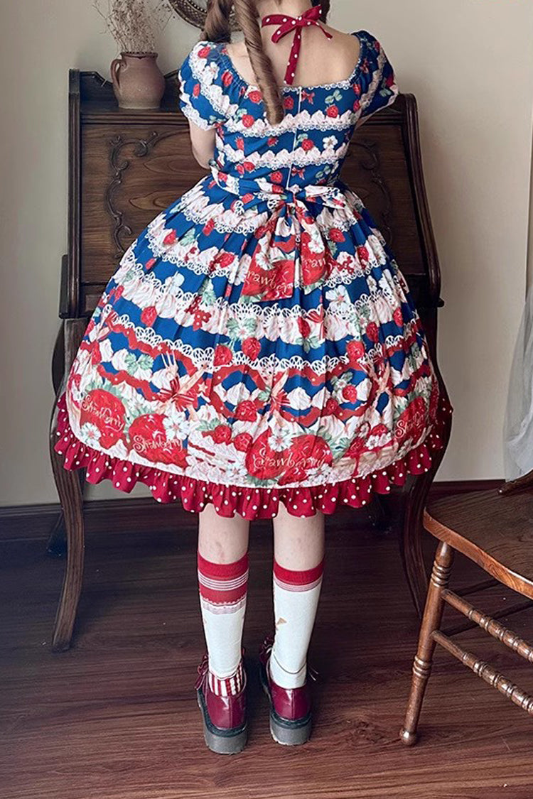 Cream Berry Fairy Red/Blue Short Sleeves Print Ruffle Bowknot Sweet Lolita Dress - Product - 6