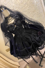 Black [Rose Cage] Ruffle Bowknot Lace Mesh Gothic Elegant Lolita Jsk Dress - Product - 4