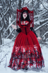 Black/Red Stand Collar Sleeveless Printed Hanayome Lace Lace-Up Women's Gothic Elegant Dress Wedding Dress - Product - 2