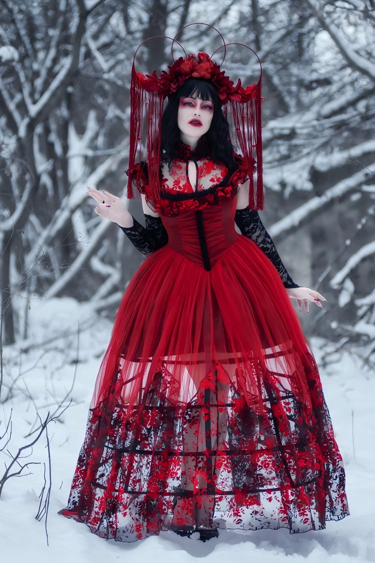 Black/Red Stand Collar Sleeveless Printed Hanayome Lace Lace-Up Women's Gothic Elegant Dress Wedding Dress - Product - 2